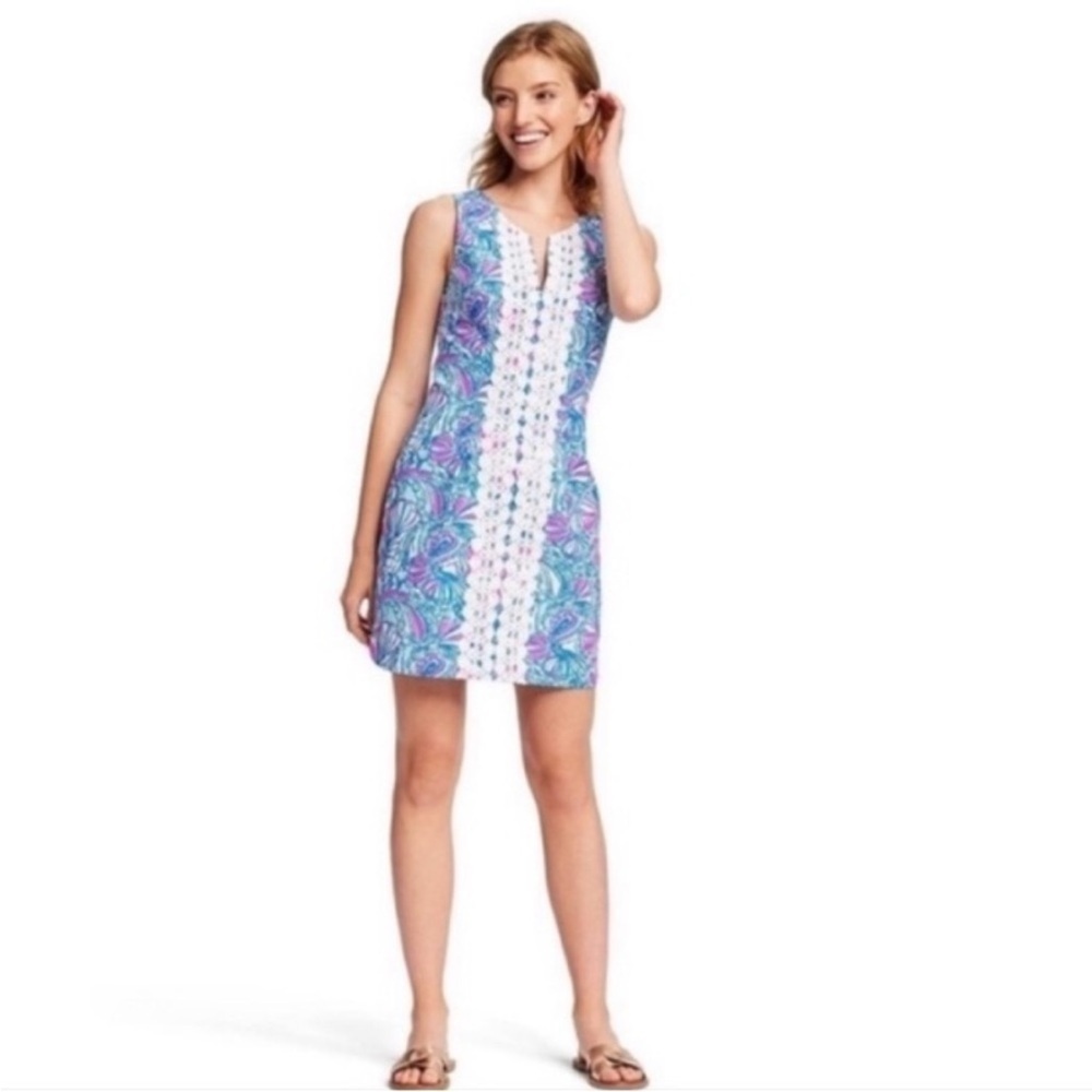 Lilly Pulitzer for Target My Fans Shift Dress Blue Pink Butterfly Crochet Trim - Picture 2 of 9